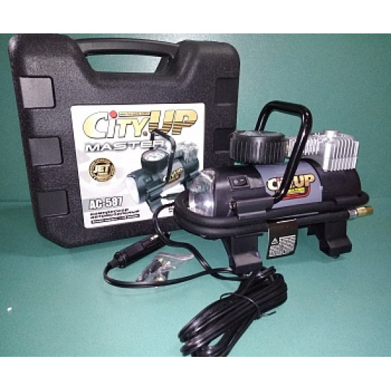 Компрессор CityUP  (АС-587) Master  с фонарем для подкачки автомоб.колес  пластиковый КЕЙС - 1