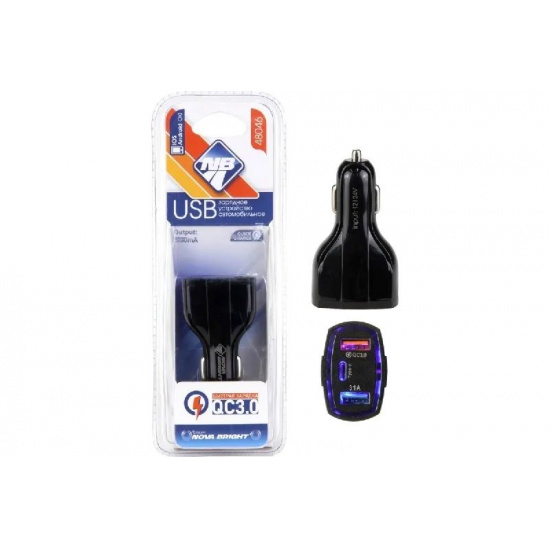 Зарядник для мобильного 12В+24В Nova Bright 2 USB+Type-C, QC3.0 (функция быстрой зарядки), 3100мА, LED индикатор, 12/24В    №48046 - 1