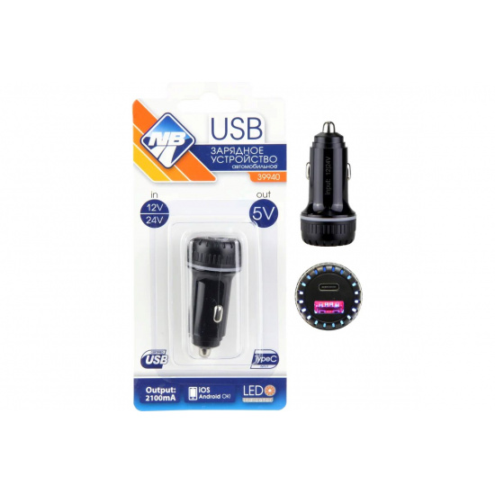 Зарядник для мобильного 12В+24В Nova Bright 1 USB+Type-C, 2100мА, LED индикатор, 12/24В    №39941 - 1